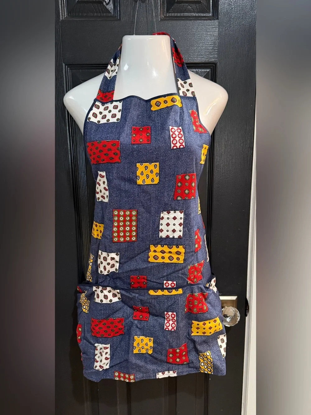 VTG Printed Denim-Look Apron with Red & Yellow Patch Pattern